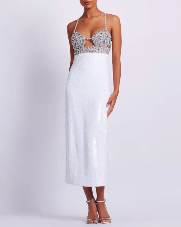 Women PatBO Dresses and Jumpsuits HANDBEADED SEQUIN MIDI DRESS FINAL SALE White