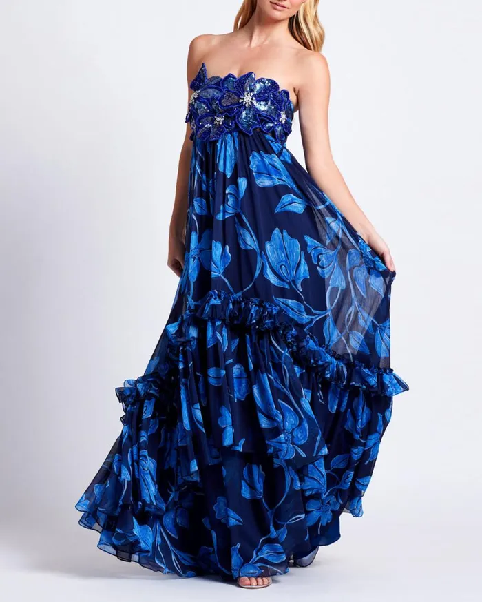 Women PatBO Dresses and Jumpsuits Nightflower Beaded Strapless Gown FINAL SALE Indigo