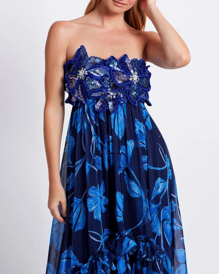 Women PatBO Dresses and Jumpsuits Nightflower Beaded Strapless Gown FINAL SALE Indigo