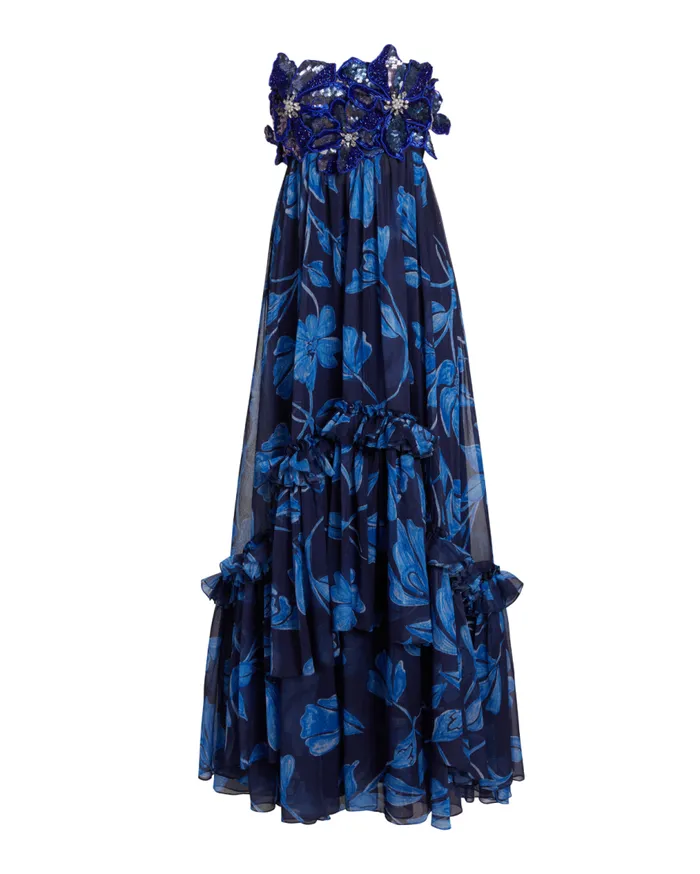 Women PatBO Dresses and Jumpsuits Nightflower Beaded Strapless Gown FINAL SALE Indigo