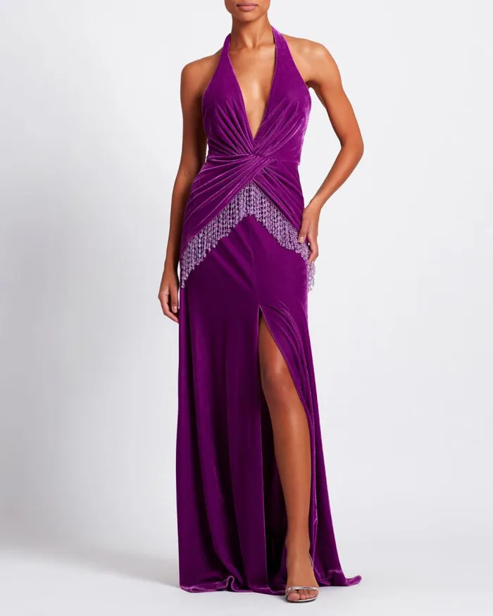 Women PatBO Dresses and Jumpsuits PLUNGE VELVET MAXI DRES WITH BEADED FRINGE FINAL SALE Purple