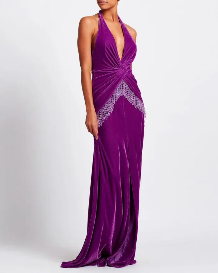Women PatBO Dresses and Jumpsuits PLUNGE VELVET MAXI DRES WITH BEADED FRINGE FINAL SALE Purple