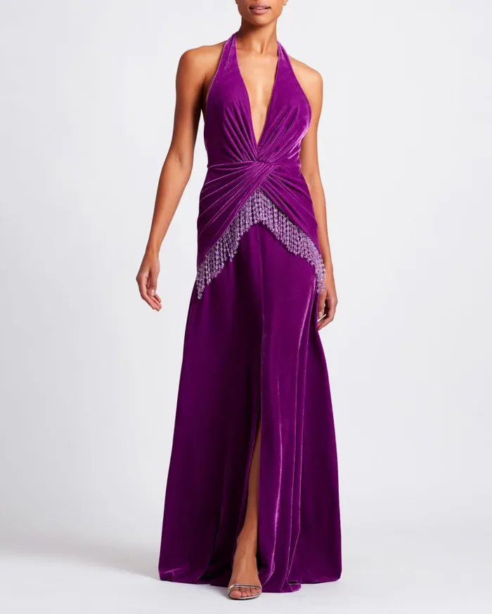 Women PatBO Dresses and Jumpsuits PLUNGE VELVET MAXI DRES WITH BEADED FRINGE FINAL SALE Purple