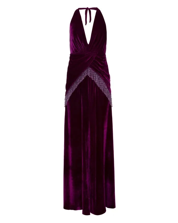 Women PatBO Dresses and Jumpsuits PLUNGE VELVET MAXI DRES WITH BEADED FRINGE FINAL SALE Purple