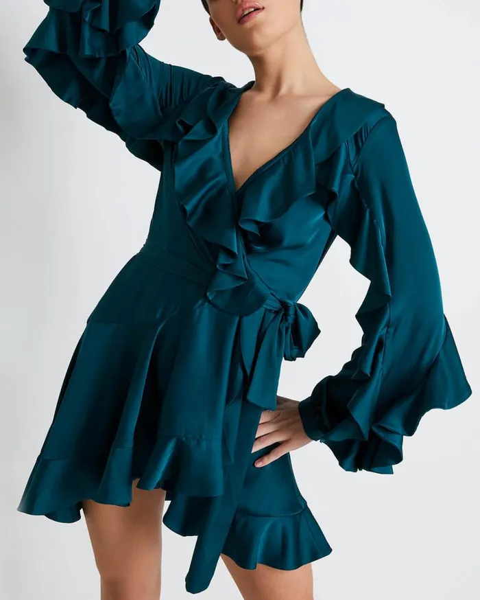 Women PatBO Dresses and Jumpsuits RUFFLE SLEEVE MINI WRAP DRESS FINAL SALE Prussian Green