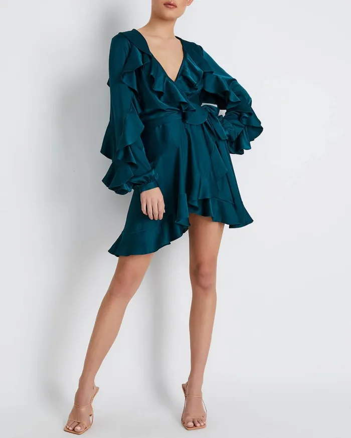Women PatBO Dresses and Jumpsuits RUFFLE SLEEVE MINI WRAP DRESS FINAL SALE Prussian Green