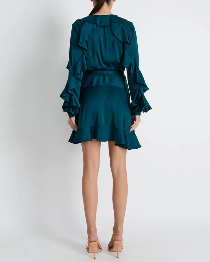 Women PatBO Dresses and Jumpsuits RUFFLE SLEEVE MINI WRAP DRESS FINAL SALE Prussian Green