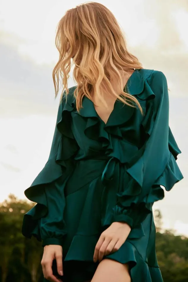 Women PatBO Dresses and Jumpsuits RUFFLE SLEEVE MINI WRAP DRESS FINAL SALE Prussian Green