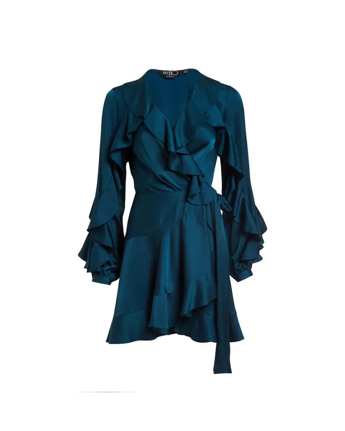 Women PatBO Dresses and Jumpsuits RUFFLE SLEEVE MINI WRAP DRESS FINAL SALE Prussian Green
