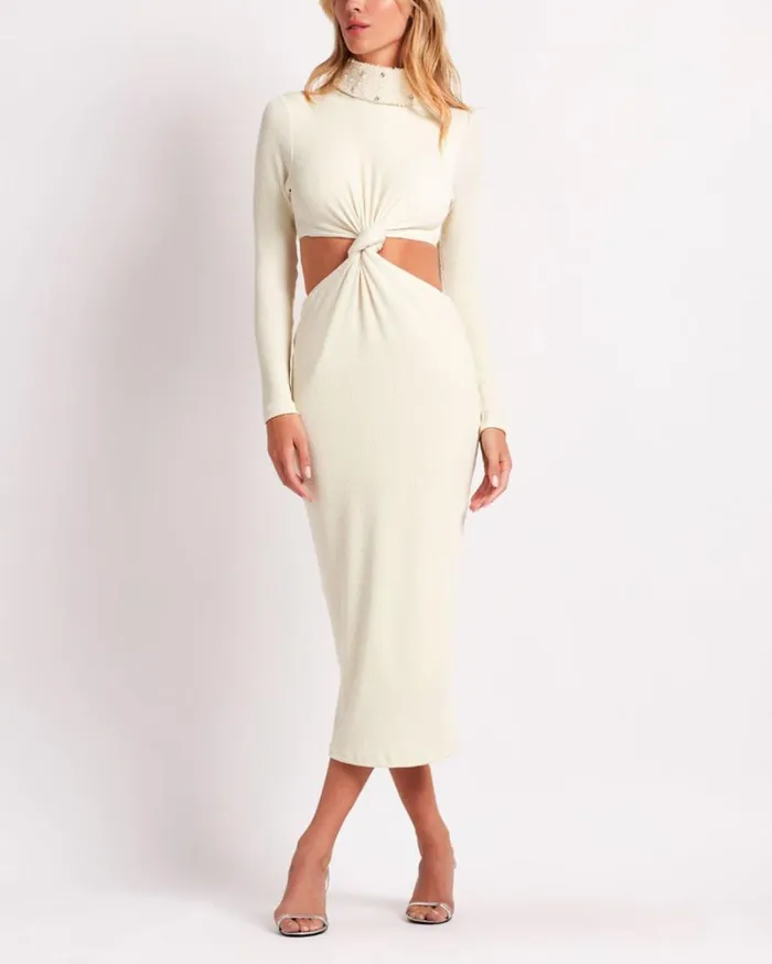 Women PatBO Dresses and Jumpsuits Stretch Knit Midi Dress FINAL SALE Ecru Women PatBO Dresses and Jumpsuits Stretch Knit Midi Dress FINAL SALE Ecru