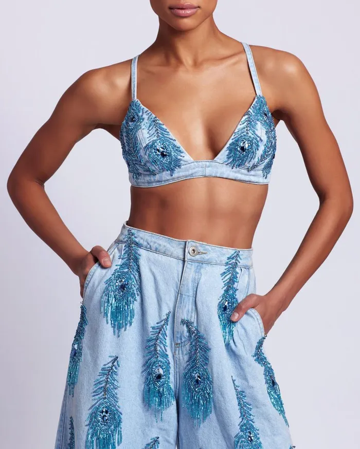 Women PatBO Matching Sets HANDBEADED DENIM BRALETTE Denim