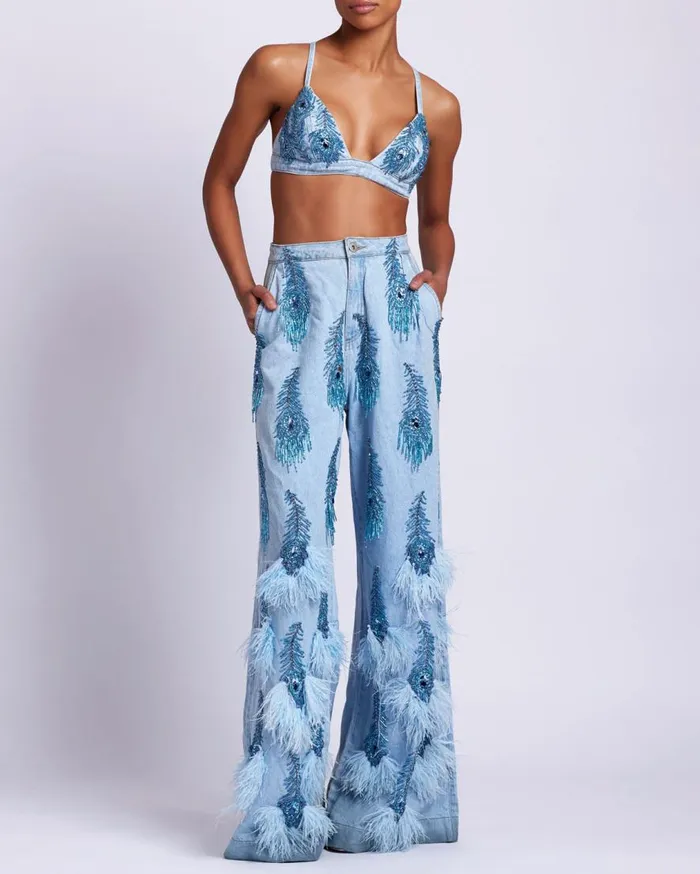Women PatBO Matching Sets HandBeaded Denim Bralette Denim Women PatBO Matching Sets HandBeaded Denim Bralette Denim