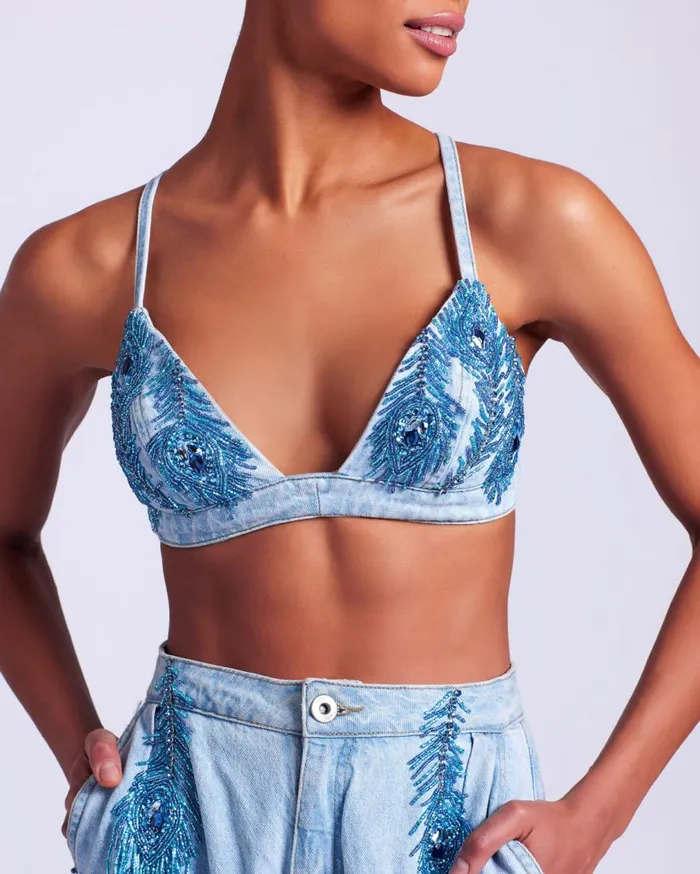 Women PatBO Matching Sets HandBeaded Denim Bralette Denim Women PatBO Matching Sets HandBeaded Denim Bralette Denim