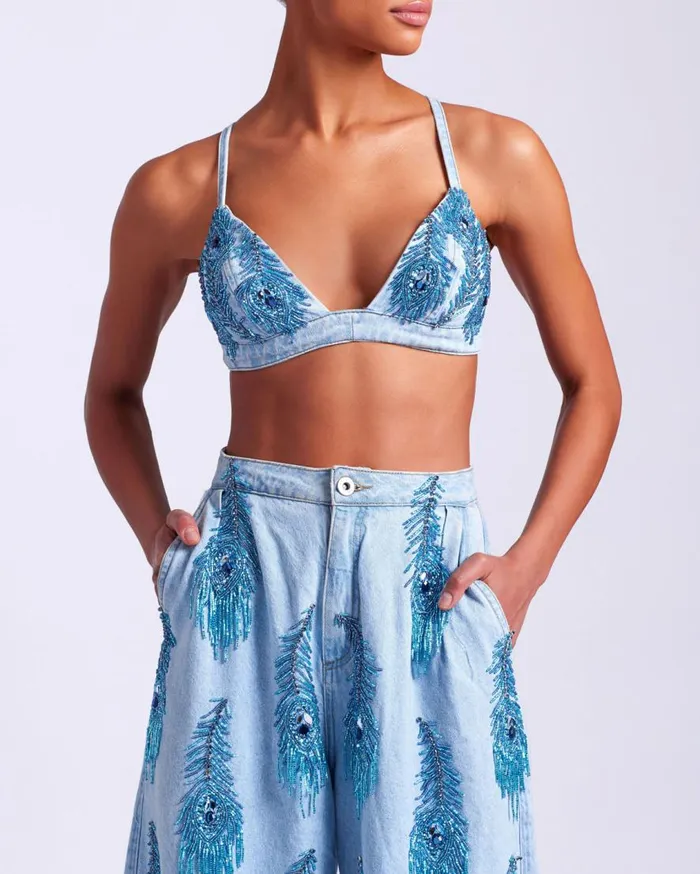 Women PatBO Matching Sets HandBeaded Denim Bralette Denim Women PatBO Matching Sets HandBeaded Denim Bralette Denim