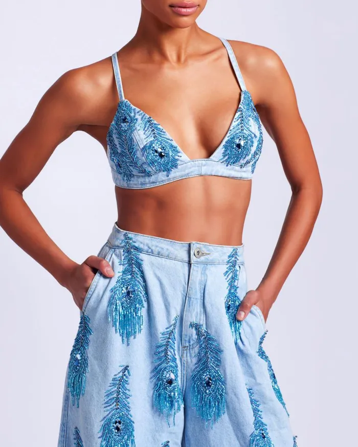Women PatBO Matching Sets HandBeaded Denim Bralette Denim Women PatBO Matching Sets HandBeaded Denim Bralette Denim