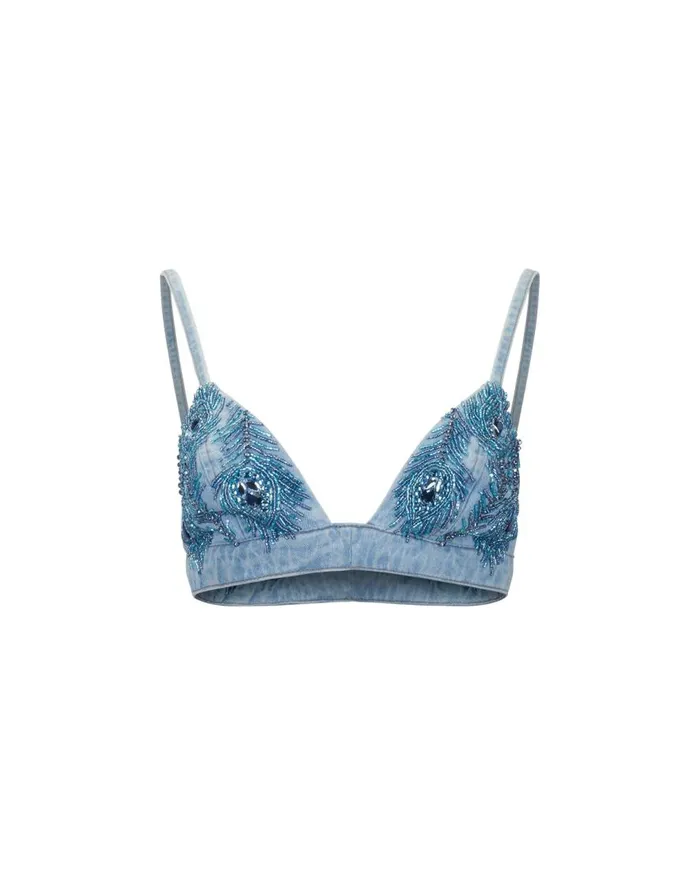 Women PatBO Matching Sets HandBeaded Denim Bralette Denim Women PatBO Matching Sets HandBeaded Denim Bralette Denim