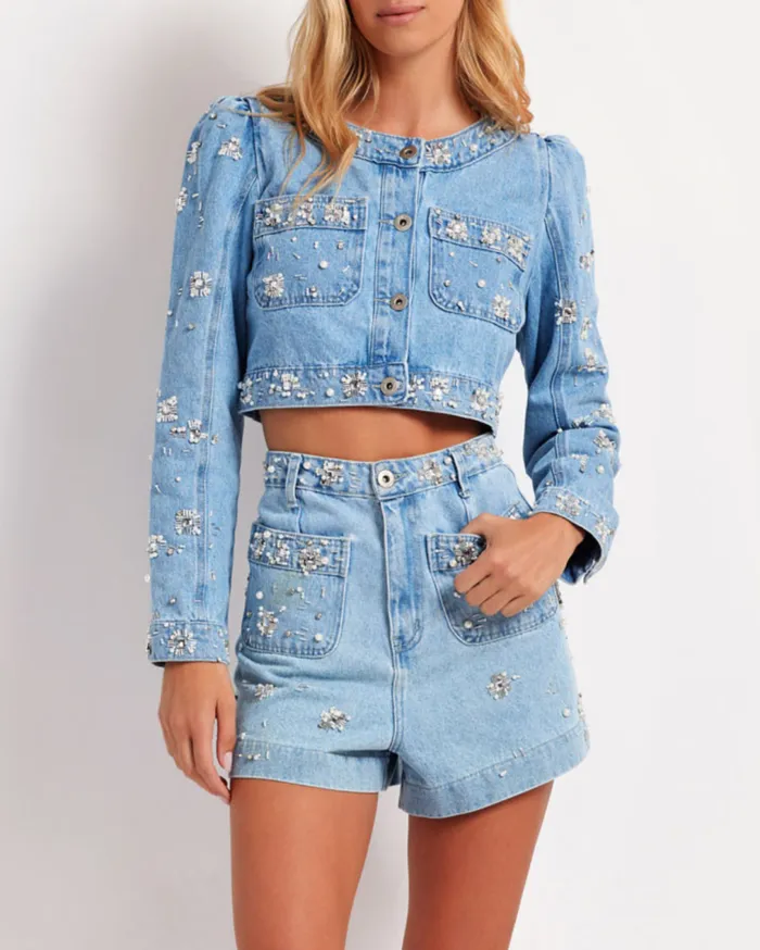 Women PatBO Matching Sets HandBeaded Denim Shorts Denim