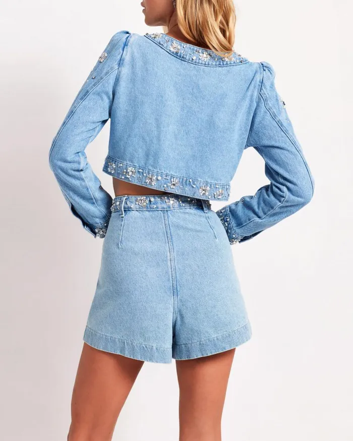 Women PatBO Matching Sets HandBeaded Denim Shorts Denim