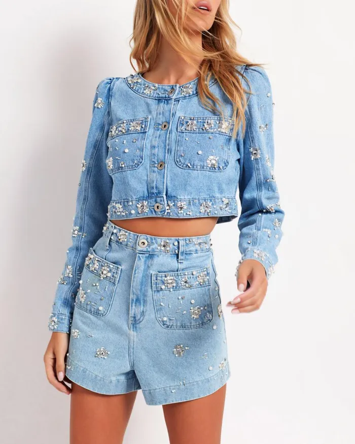 Women PatBO Matching Sets HandBeaded Denim Shorts Denim