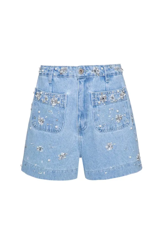 Women PatBO Matching Sets HandBeaded Denim Shorts Denim