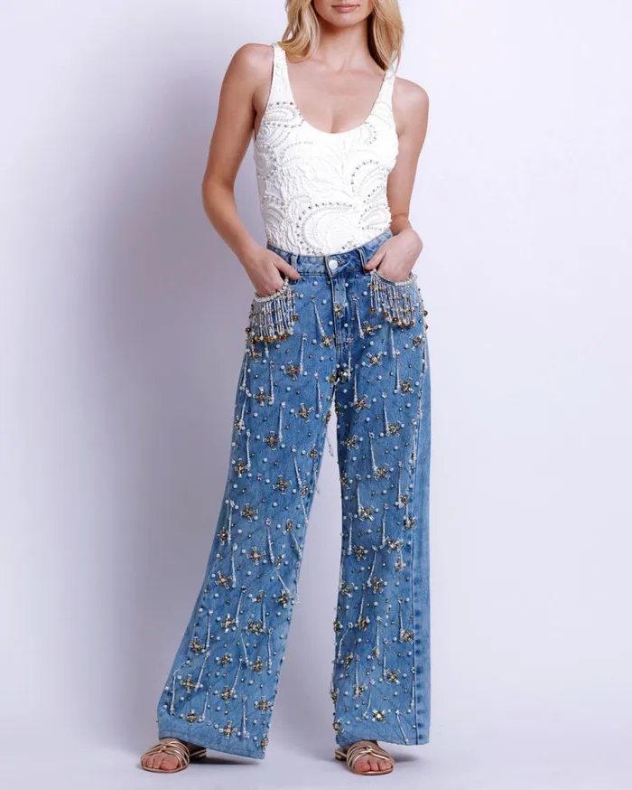 Women PatBO Matching Sets HANDBEADED HIGH WAIST JEANS FINAL SALE Denim
