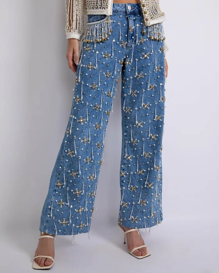 Women PatBO Matching Sets HANDBEADED HIGH WAIST JEANS FINAL SALE Denim