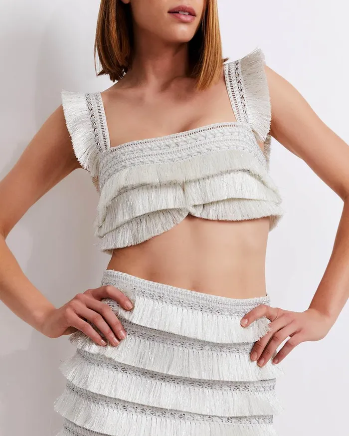 Women PatBO Matching Sets Metallic Fringe Cropped Top Silver Women PatBO Matching Sets Metallic Fringe Cropped Top Silver