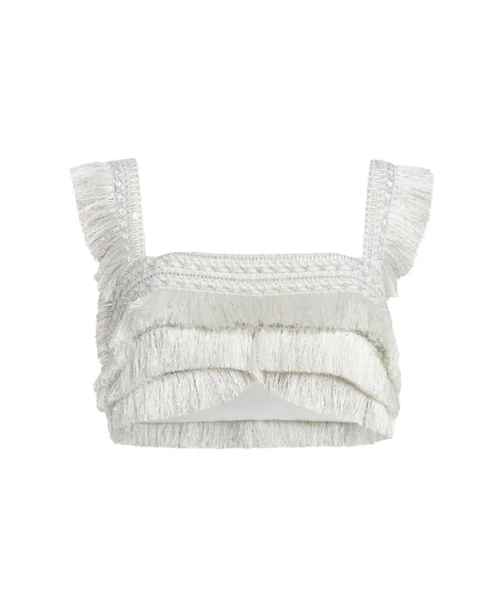 Women PatBO Matching Sets Metallic Fringe Cropped Top Silver Women PatBO Matching Sets Metallic Fringe Cropped Top Silver