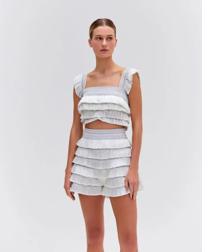 Women PatBO Matching Sets Metallic Fringe Shorts Silver
