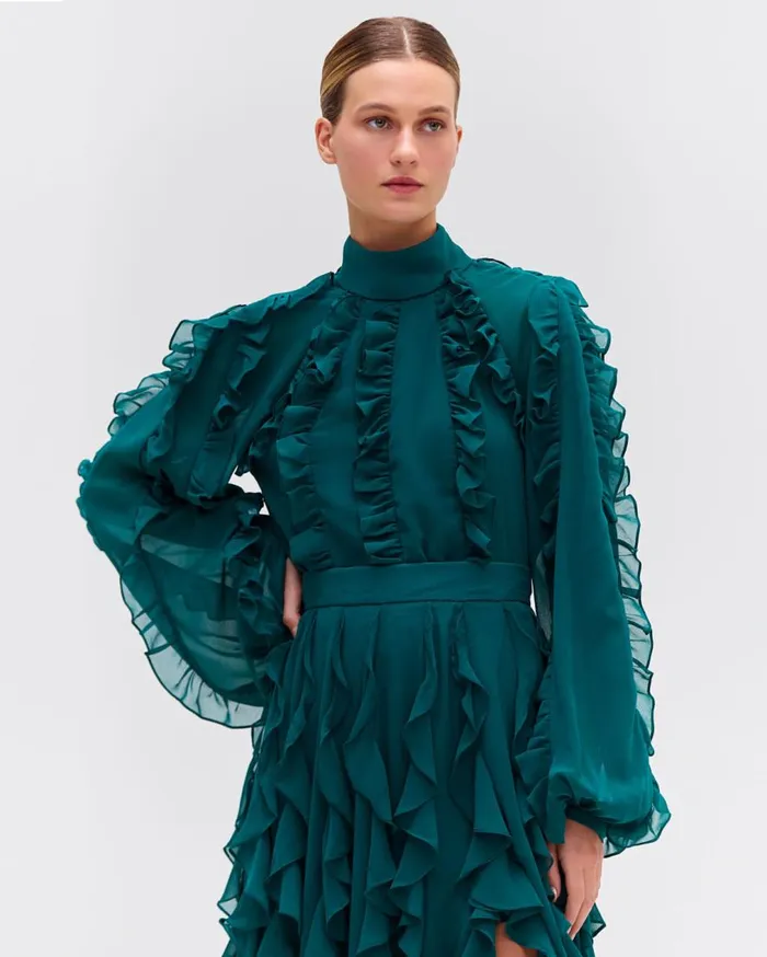 Women PatBO Matching Sets Ruffle High Neck Blouse Galapagos