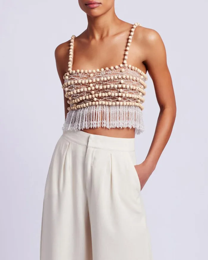 Women PatBO Matching Sets Wood And Crystal Beaded Top RUNWAY Natural