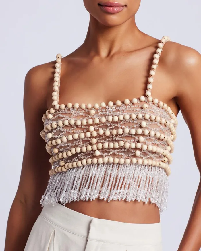 Women PatBO Matching Sets Wood And Crystal Beaded Top RUNWAY Natural Women PatBO Matching Sets Wood And Crystal Beaded Top RUNWAY Natural