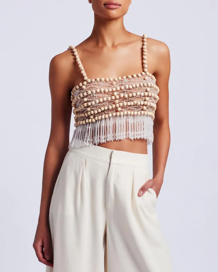 Women PatBO Matching Sets Wood And Crystal Beaded Top RUNWAY Natural Women PatBO Matching Sets Wood And Crystal Beaded Top RUNWAY Natural