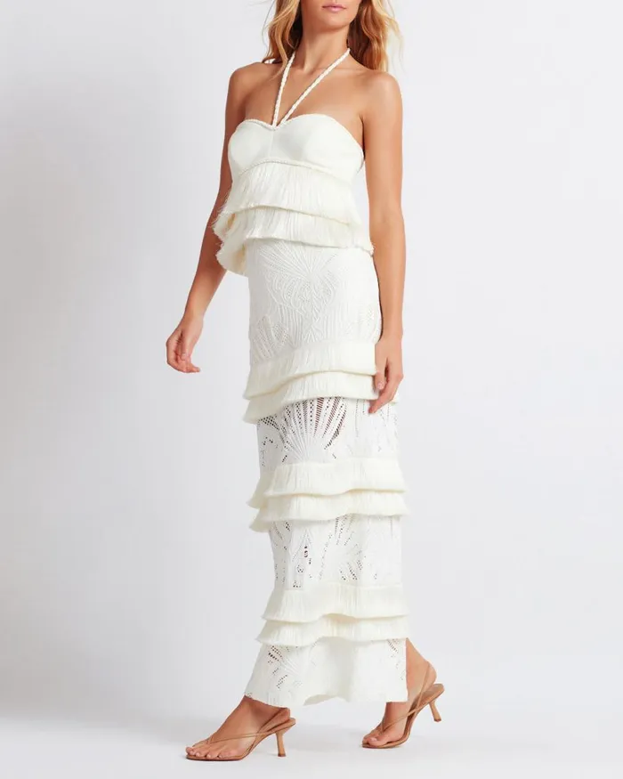 Women PatBO Tops and Bodysuits Fringe Halterneck Top FINAL SALE Ivory