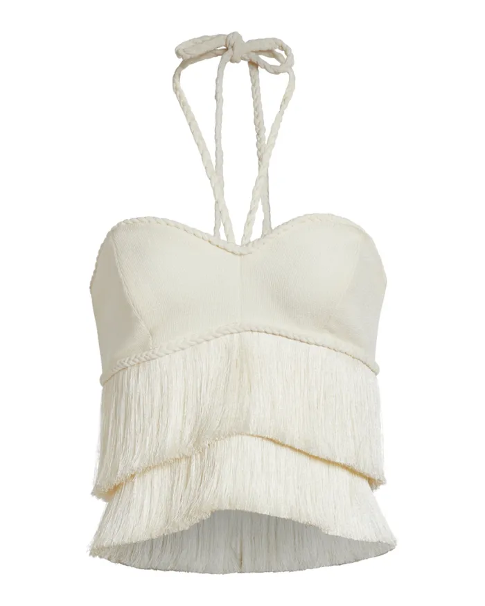 Women PatBO Tops and Bodysuits Fringe Halterneck Top FINAL SALE Ivory