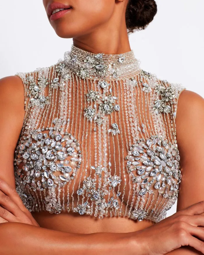 Women PatBO Tops and Bodysuits HANDBEADED CROPPED TOP Silver