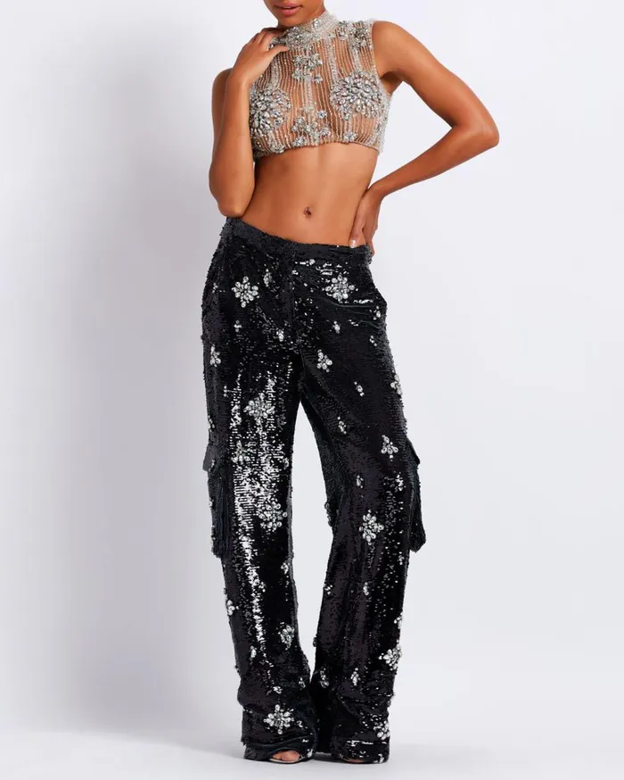 Women PatBO Tops and Bodysuits HANDBEADED CROPPED TOP Silver Women PatBO Tops and Bodysuits HANDBEADED CROPPED TOP Silver