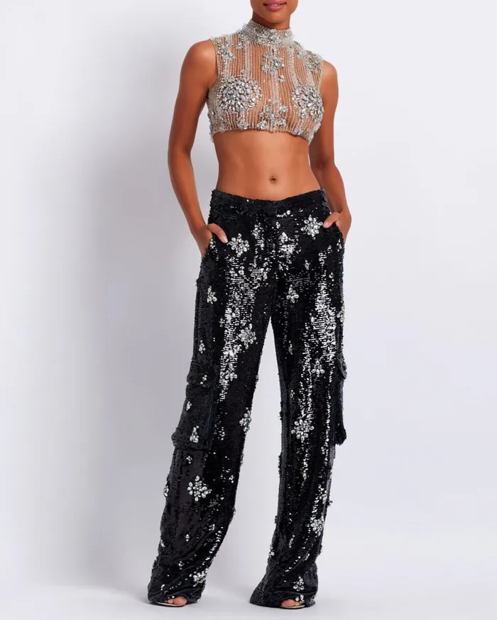 Women PatBO Tops and Bodysuits HANDBEADED CROPPED TOP Silver Women PatBO Tops and Bodysuits HANDBEADED CROPPED TOP Silver