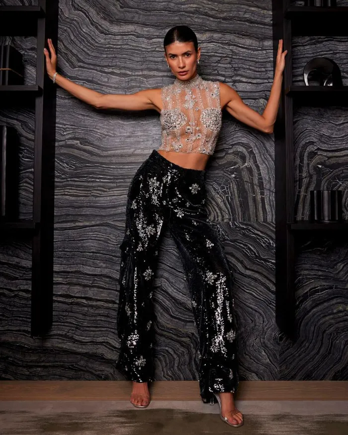 Women PatBO Tops and Bodysuits HANDBEADED CROPPED TOP Silver Women PatBO Tops and Bodysuits HANDBEADED CROPPED TOP Silver