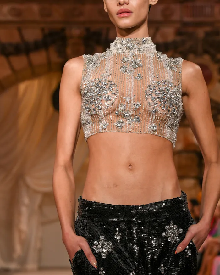 Women PatBO Tops and Bodysuits HANDBEADED CROPPED TOP Silver Women PatBO Tops and Bodysuits HANDBEADED CROPPED TOP Silver