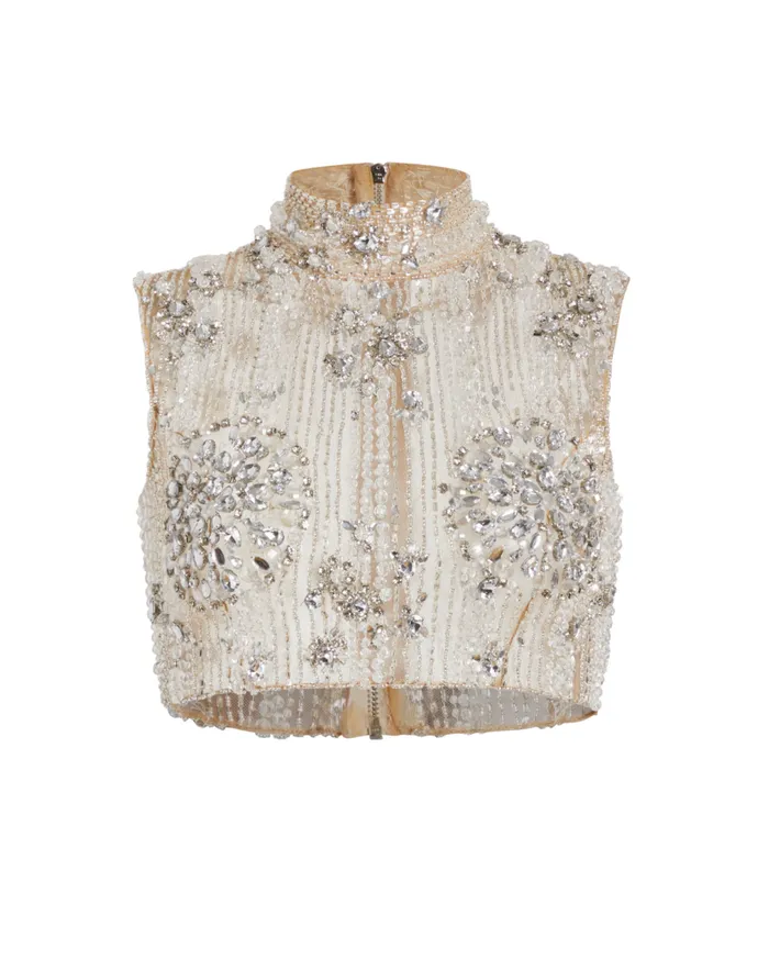Women PatBO Tops and Bodysuits HANDBEADED CROPPED TOP Silver Women PatBO Tops and Bodysuits HANDBEADED CROPPED TOP Silver