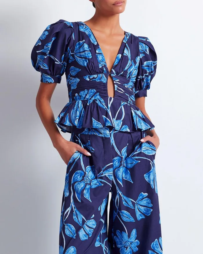 Women PatBO Tops and Bodysuits Nightflower Cotton Peplum Top FINAL SALE Indigo