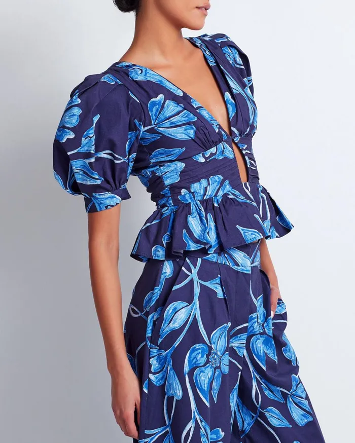 Women PatBO Tops and Bodysuits Nightflower Cotton Peplum Top FINAL SALE Indigo
