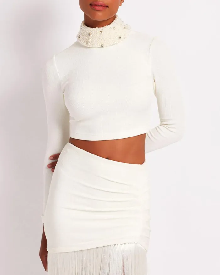 Women PatBO Tops and Bodysuits Pearl Collar Cropped Top FINAL SALE Ecru