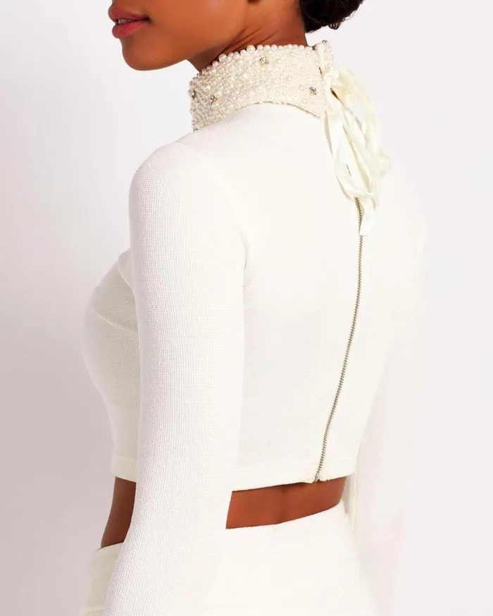 Women PatBO Tops and Bodysuits Pearl Collar Cropped Top FINAL SALE Ecru Women PatBO Tops and Bodysuits Pearl Collar Cropped Top FINAL SALE Ecru