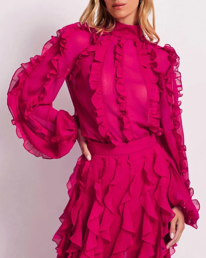 Women PatBO Tops and Bodysuits Ruffle High Neck Blouse FINAL SALE Fuchsia