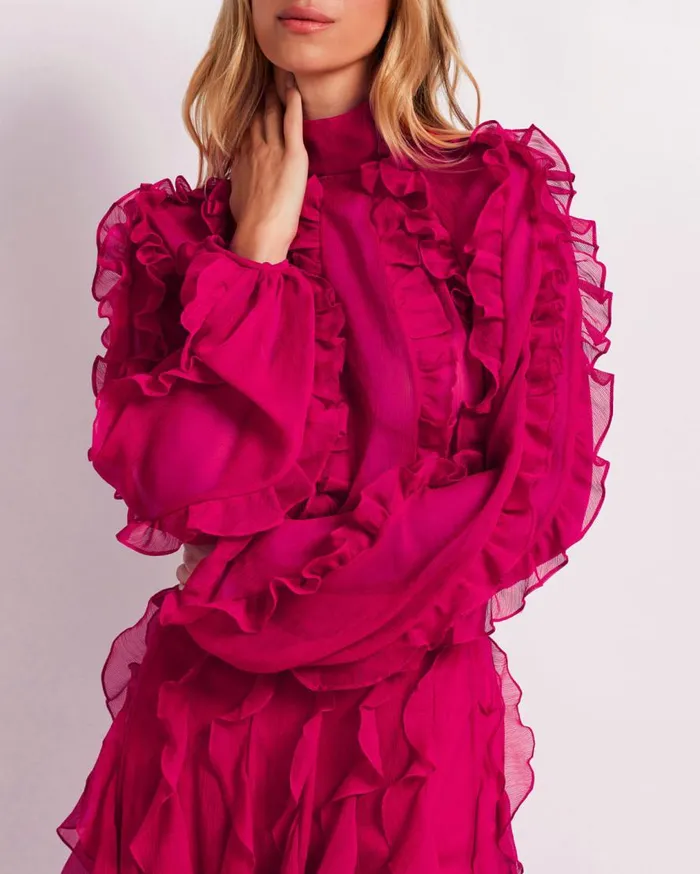 Women PatBO Tops and Bodysuits Ruffle High Neck Blouse FINAL SALE Fuchsia Women PatBO Tops and Bodysuits Ruffle High Neck Blouse FINAL SALE Fuchsia