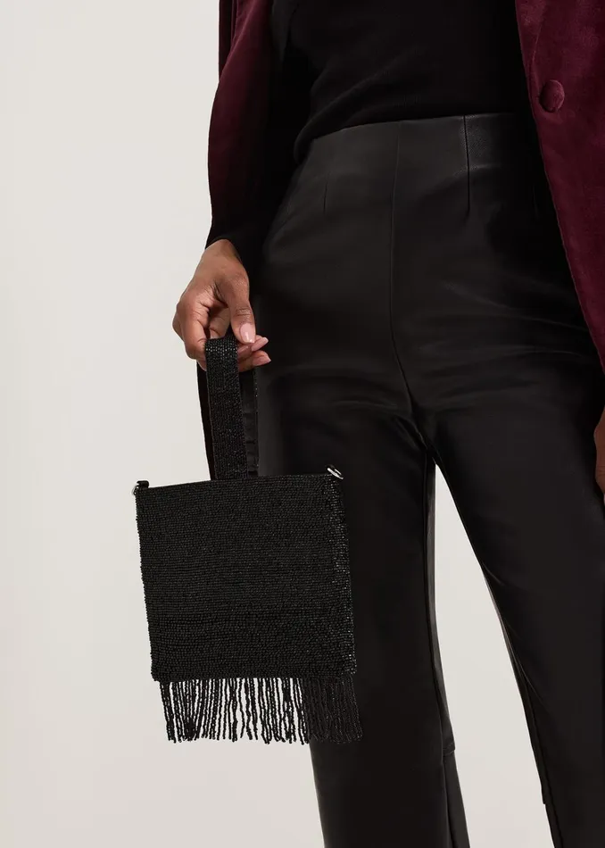 Women Phase Eight Bags and Clutches Black Beaded Tassle Bag