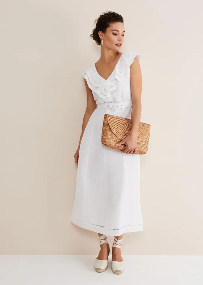 Women Phase Eight Dresses Julieta White Linen Ruffle Broderie Midi Dress