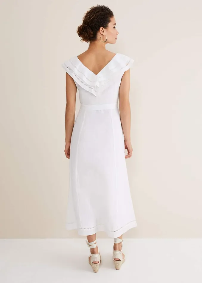 Women Phase Eight Dresses Julieta White Linen Ruffle Broderie Midi Dress